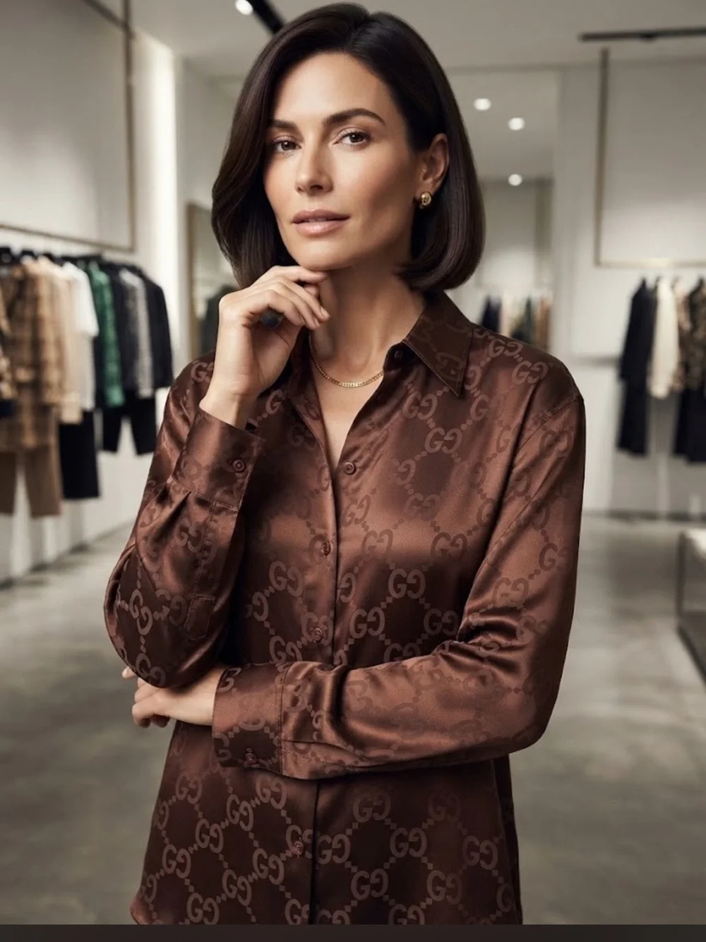 New Fashion Brown Satin Logo-Print Button-Down Shirt